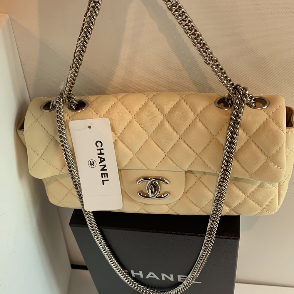 💛RARE CHANEL Yellow Bone Ivory East West Bijoux Silver Chain Quilted Flap Bag